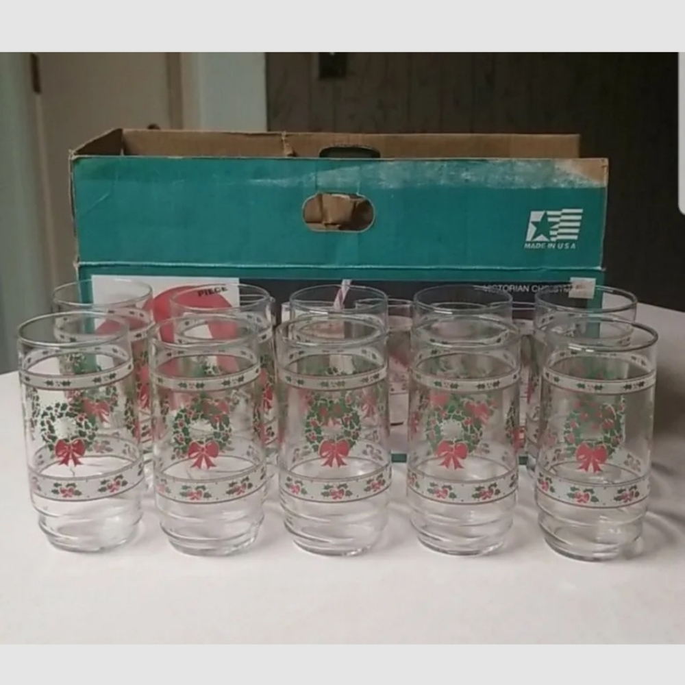 Vtg Indiana GlassVictorian Christmas Wreath Tumblers 16 Oz Cooler Glasses Box 10